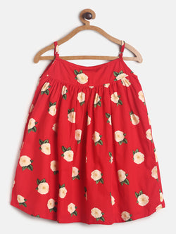 Girls Red Floral Print Sleeve Less Cotton Dress