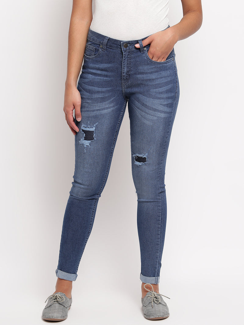 Women Dark Blue Skinny Fit Distressed Denim Jeans