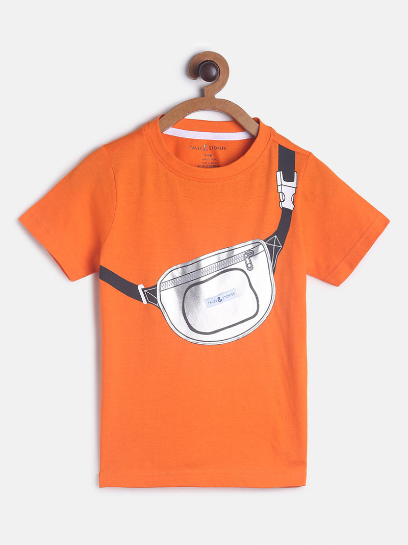 Boys Neon Orange Printed Cotton T-shirt