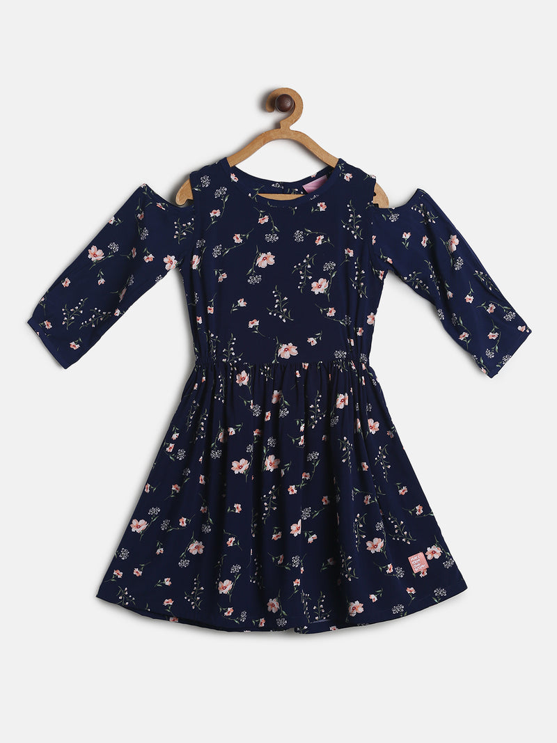 Girls Navy Blue Cold Shoulder Floral Print Cotton Dress