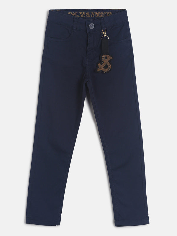 Boys Slim Fit Navy Blue Printed Casual Trouser