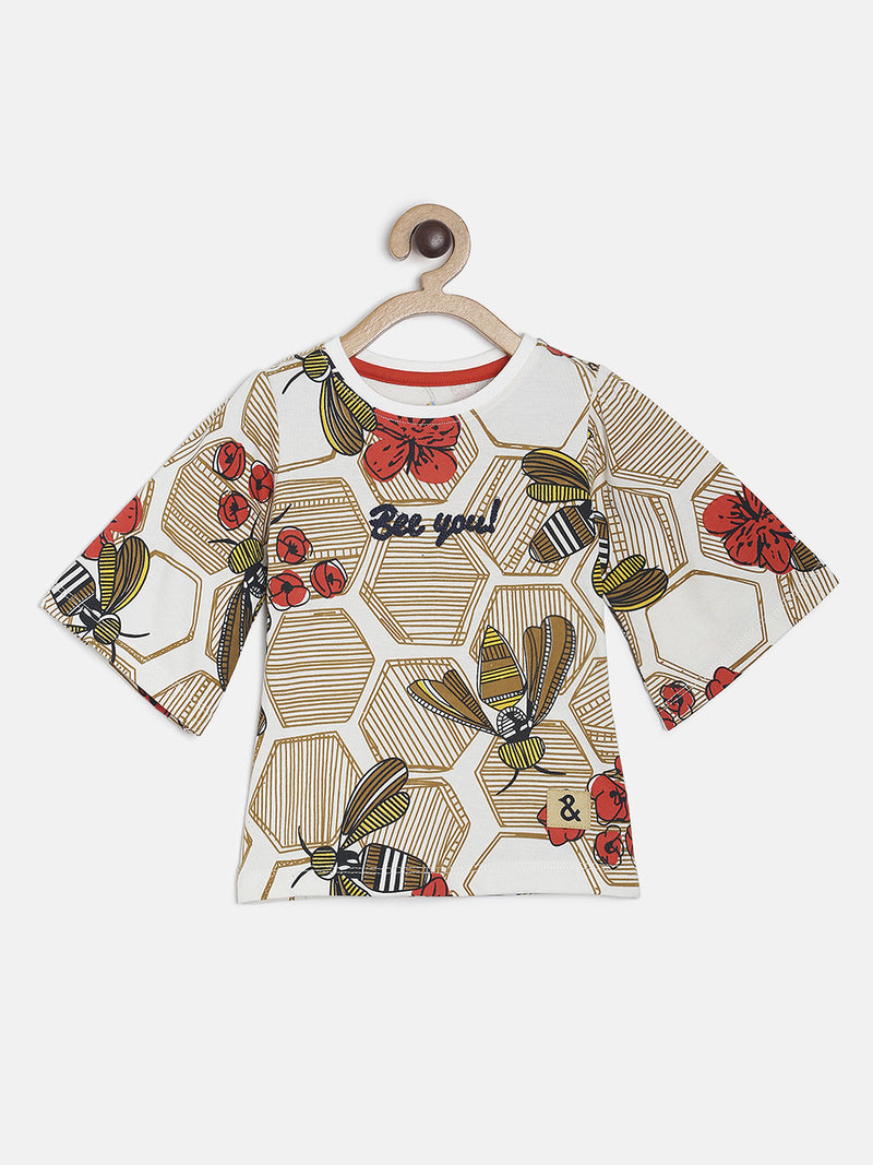 Girls Off White Printed Applique 3/4th Sleeve Top