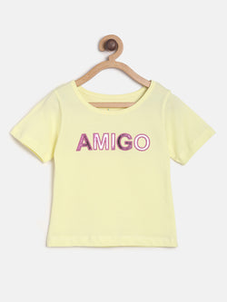 Girls Pastel Yellow Printed Casual T-shirt