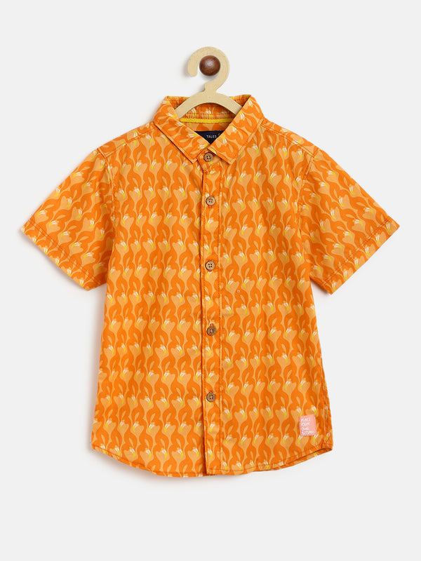 Boys Orange Overall Printed Shirt