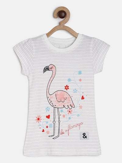 Girls Off White Flamingo Print Casual T-shirt