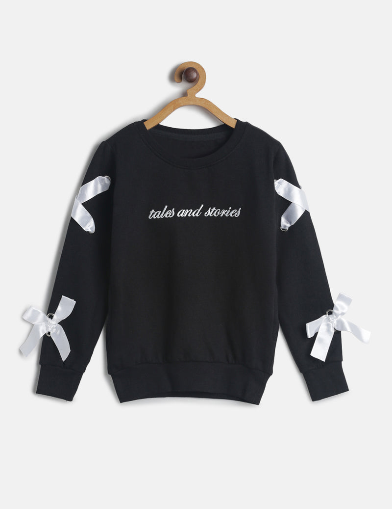 Girls Black Regular Printed Full Sleeve Sweatshirt