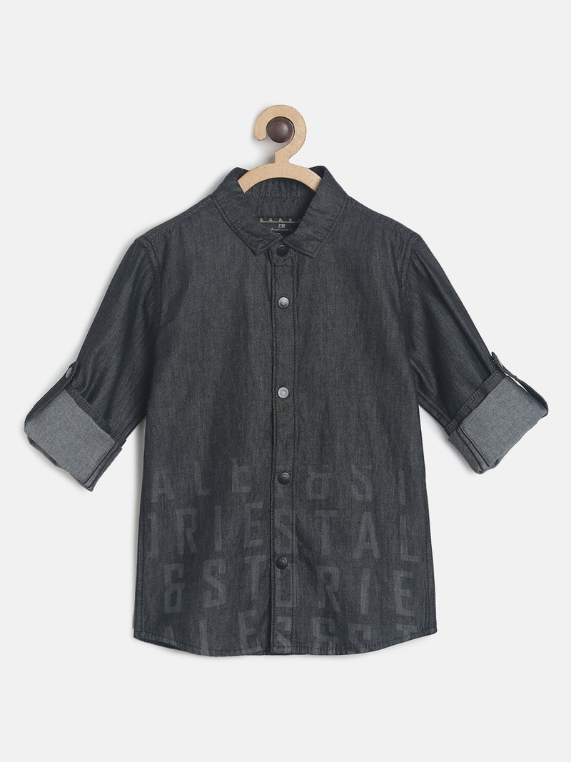 Boys Black Full Sleeve Regular Fit Printed Shirt