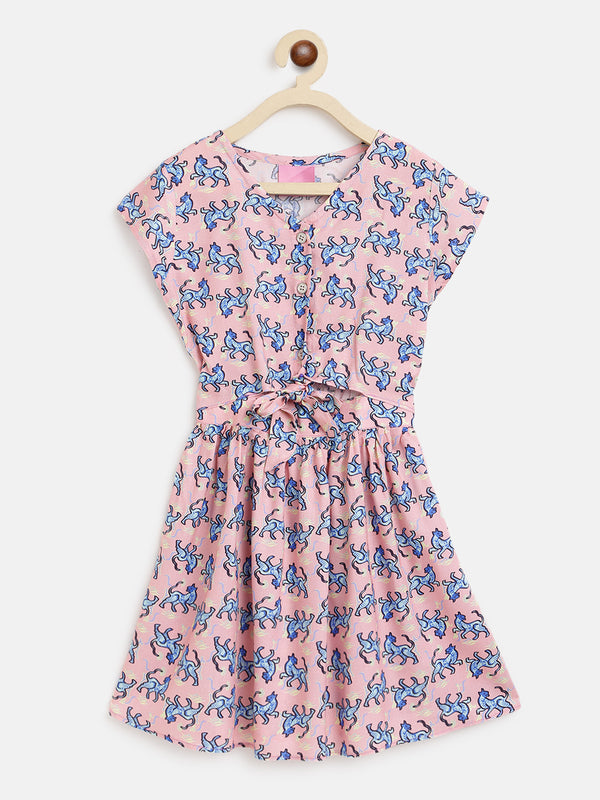 Girls Pink Overall Printed Dress