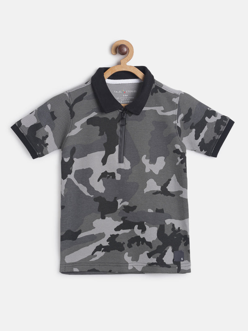 Boys Grey Half Sleeve Printed Casual T-shirt