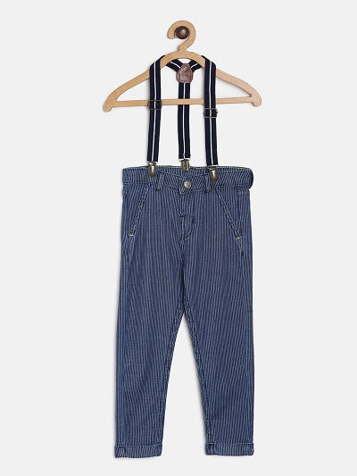 Boys Dark Blue Striped Slim Fit Stretchable Denim Jeans