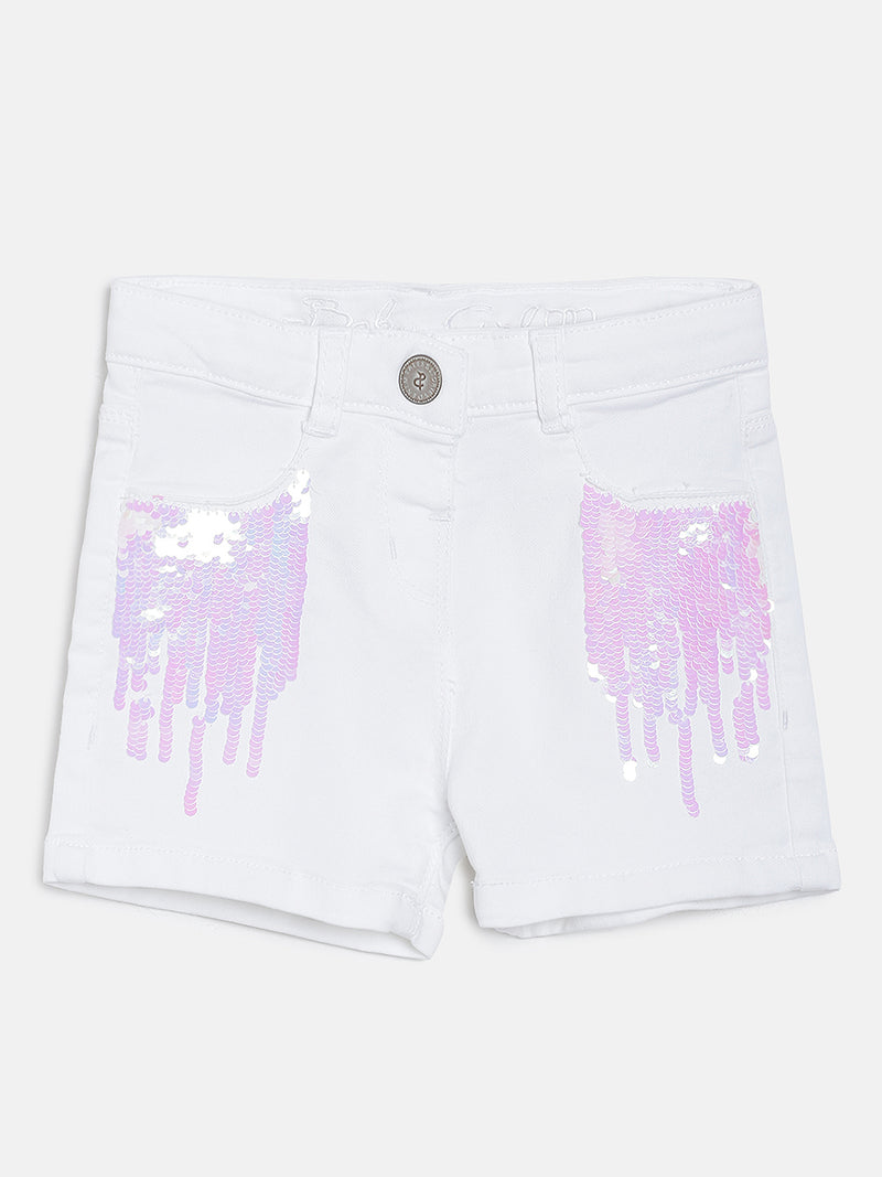 GIRLS WHITE REVERSIBLE SEQUIN CASUAL SHORTS