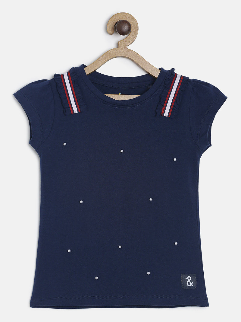 GIRLS BLUE RUFFLE AND PEARL DETAIL CASUAL T-SHIRT