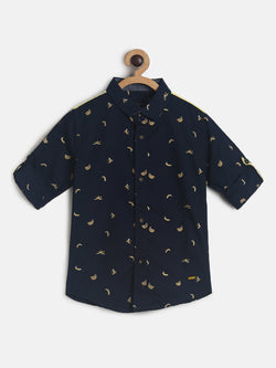 Boys Navy Blue Printed Long Sleeve Cotton Shirt