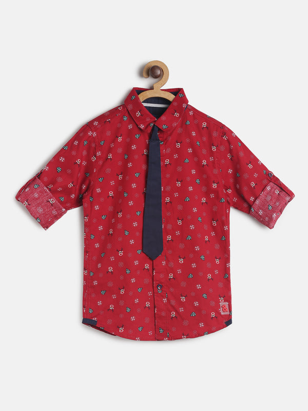 Boys Regular Fit Red Full Printed Cotton Shirt With Tie