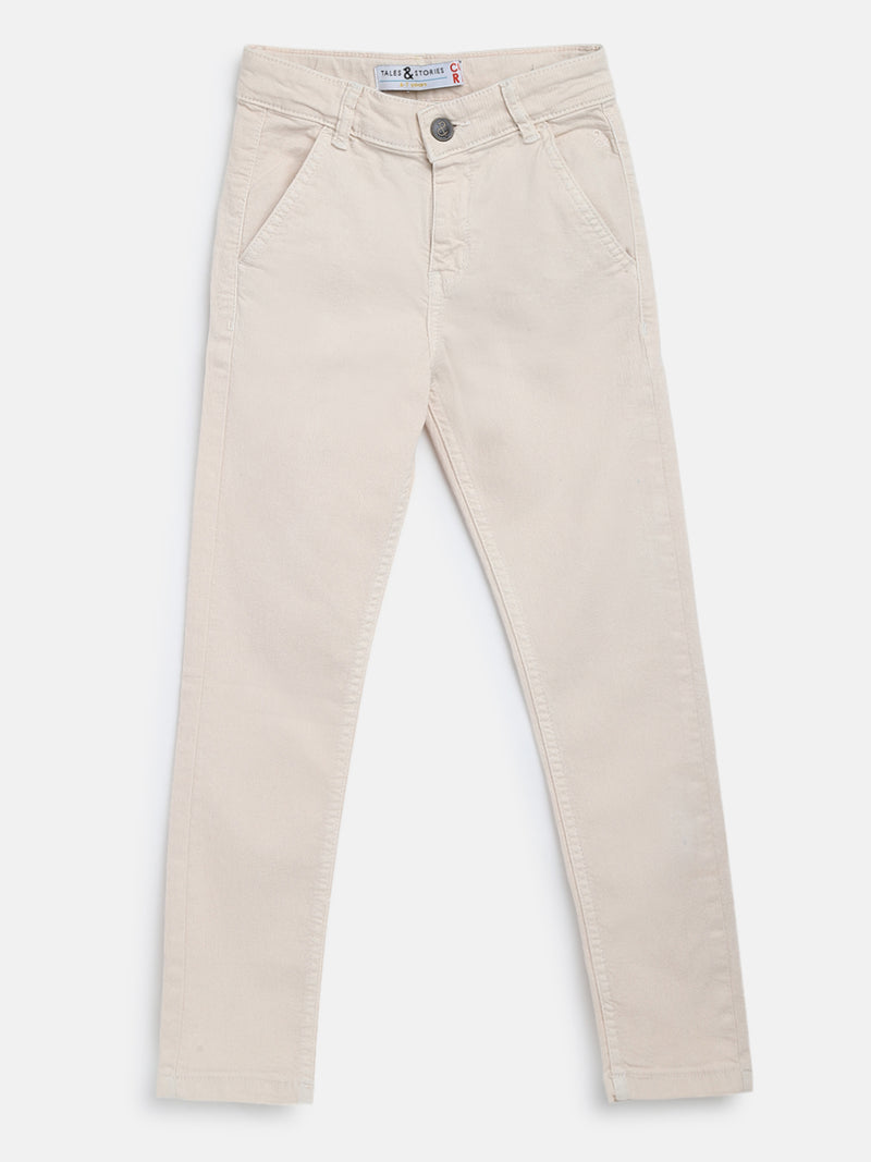 Boys Cream-Coloured Slim Fit Solid Regular Trousers