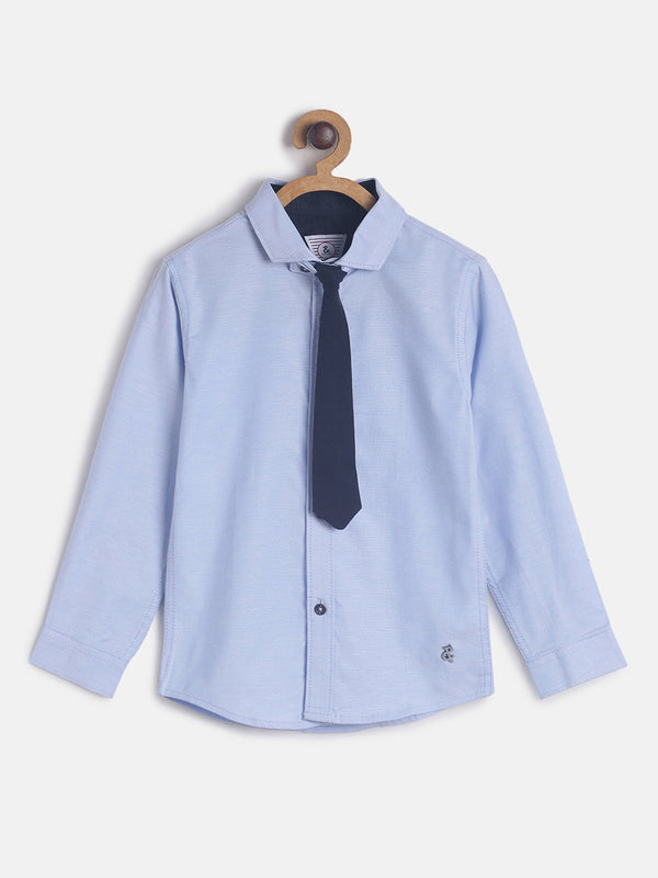 Boys Sky Blue Regular Fit Cotton Casual Shirt With Tie