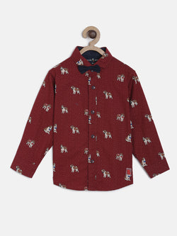 BOYS MAROON ALL OVER PRINT CASUAL SHIRT WITH BOW