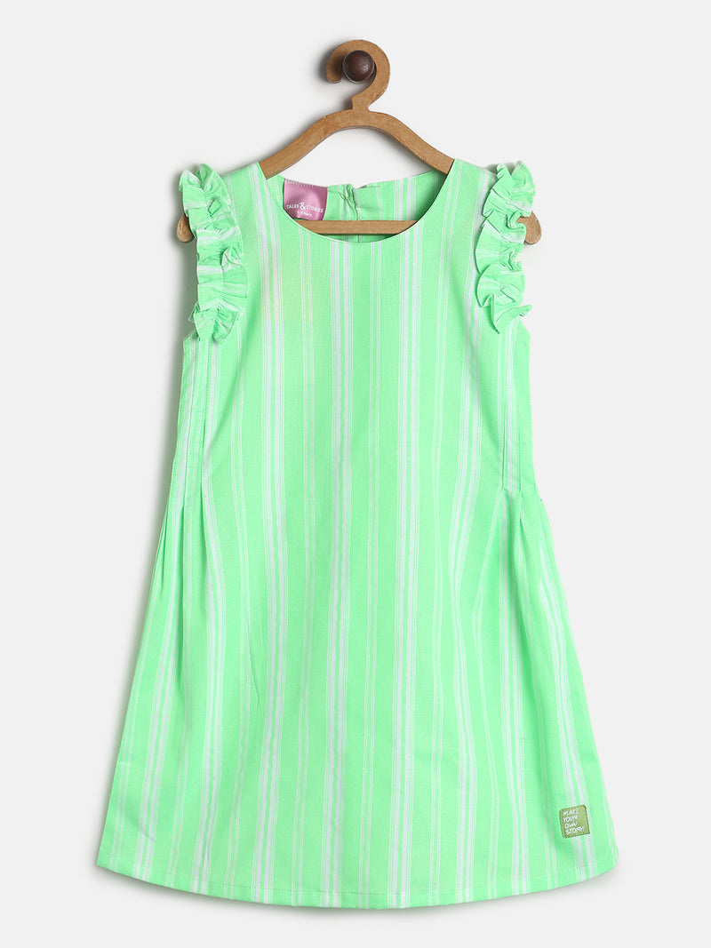 Girls Regular Fit Neon Green Sleeve Less Cotton Dress