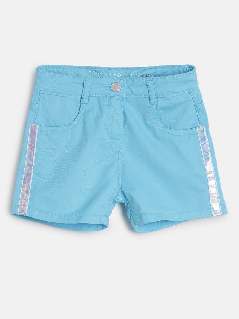Girls Turquoise Regular Fit Side Tape Details Cotton Shorts