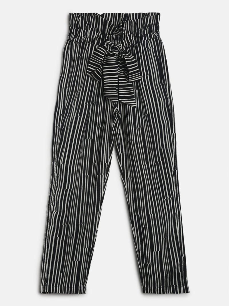 Girls Black Striped Paper Bag Trouser