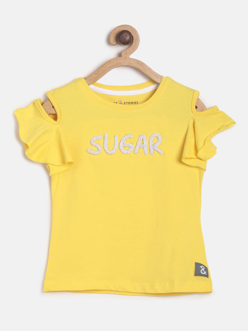 Girls Yellow Regular Cold Shoulder Casual T-shirt