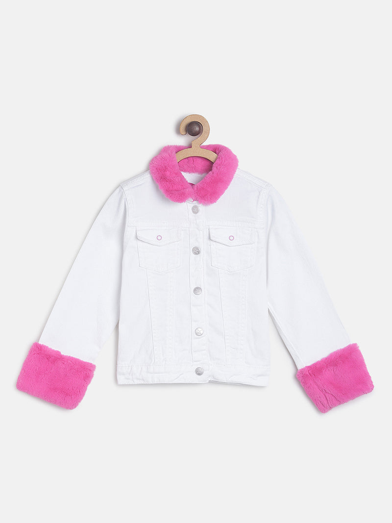 Girls Regular White Denim Jacket With Fur