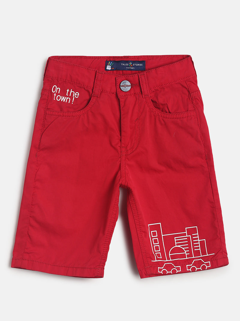 Boys Regular Fit Red Cotton Printed Shorts