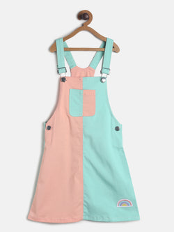 Girls Peach And Mint Colour Block Dungaree Dress 