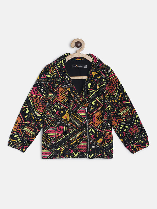 GIRLS MULTI COLOUR ABSTRACT PRINT CASUAL JACKET