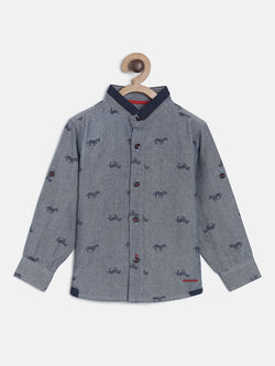 BOYS GREY PRINTED CASUAL SHIRT WITH STAND COLLAR