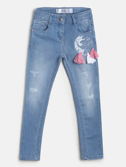 Girls Slim Fit Light Blue Embroidered Denim Jeans