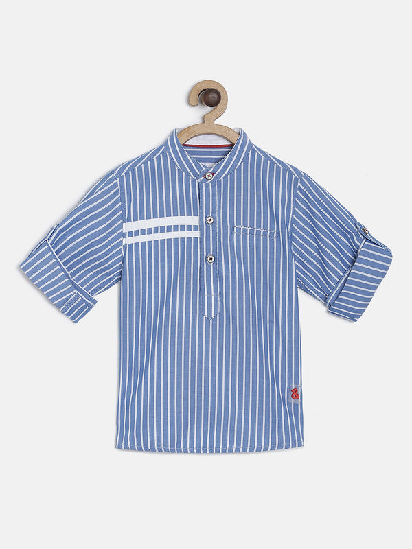 BOYS SKY BLUE STRIPED CASUAL SHIRT WITH STAND COLLAR