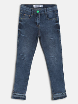 Girls Mid Blue Distressed Denim Jeans