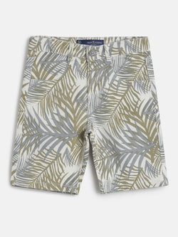 Boys Olive Regular Fit Leaf Printed Shorts