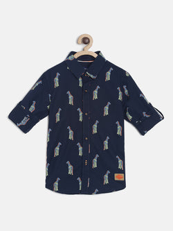 BOYS REGULAR FIT NAVY BLUE PRINTED SHIRT WITH CONTRAST SIDE TAPE