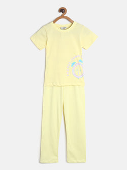 Girls Yellow Printed Cotton Night Suit