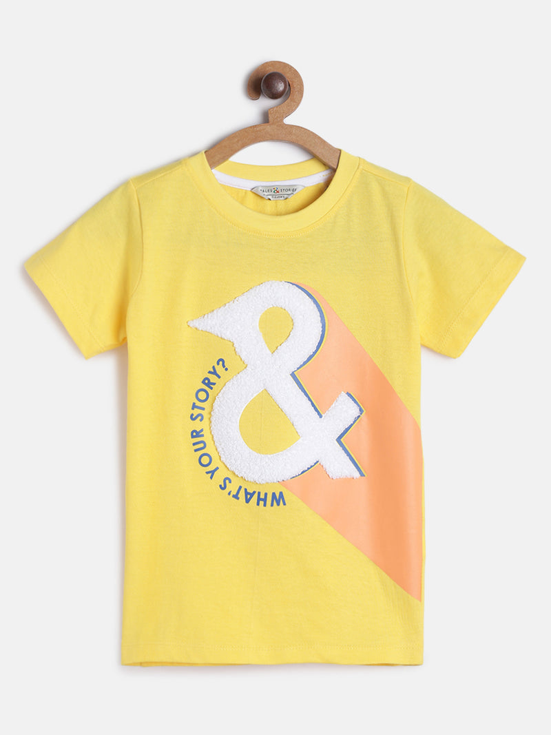 Boys Round Neck Printed Yellow Cotton T-shirt