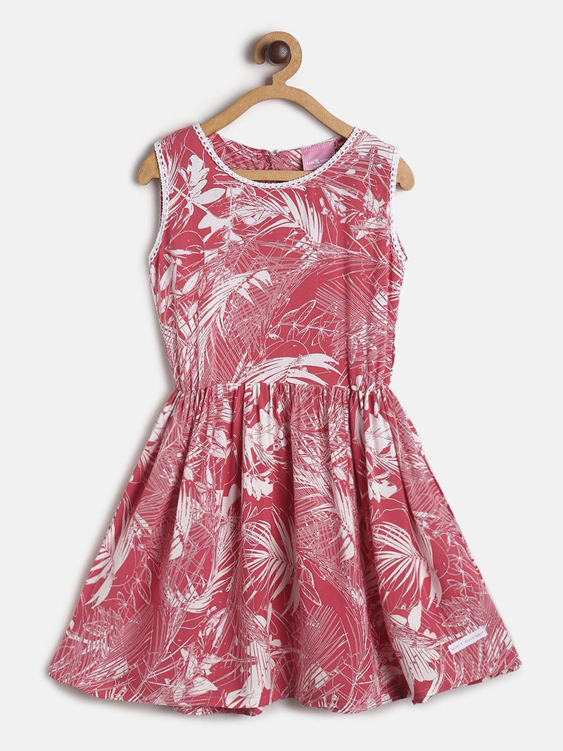 Girls Pink Printed Sleeve Less Cotton Dress