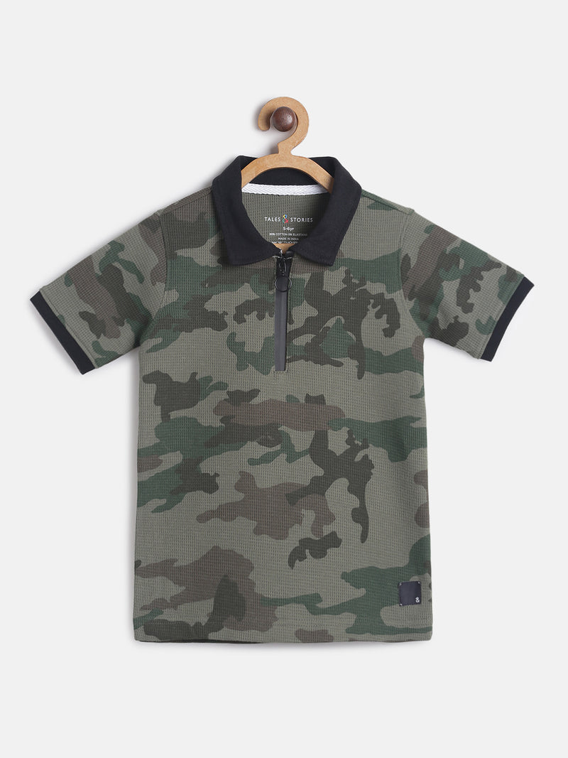 Boys Olive Green Printed Casual T-shirt