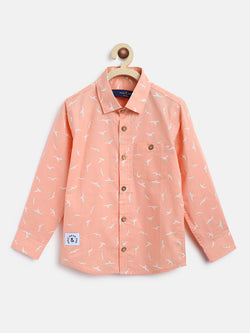 Boys Peach Printed Cotton Shirt