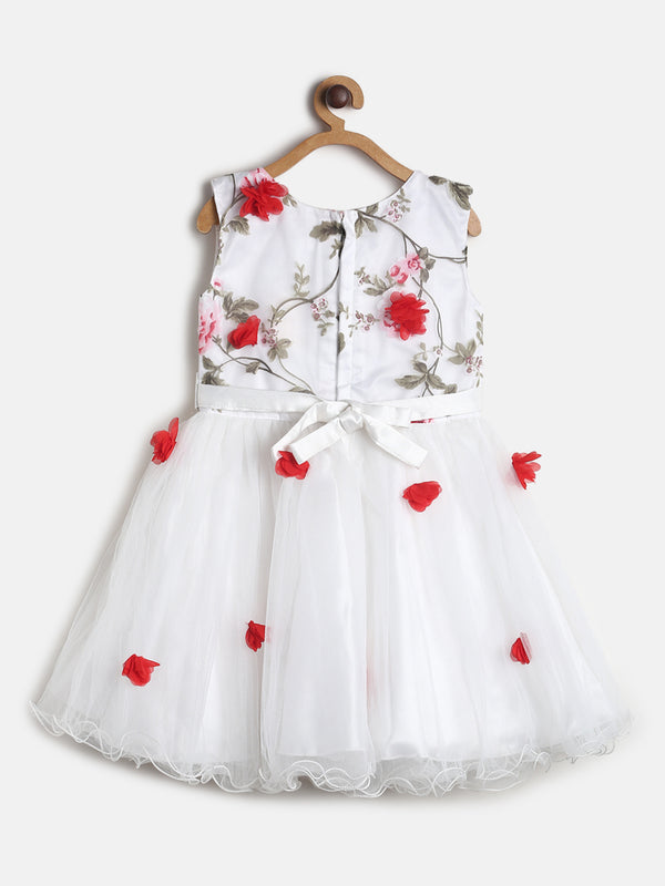Girls White Sleeve Less Floral Print Cotton Dress