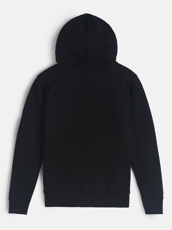 Girls Black Regular Fit Printed Sweatshirt With Hood
