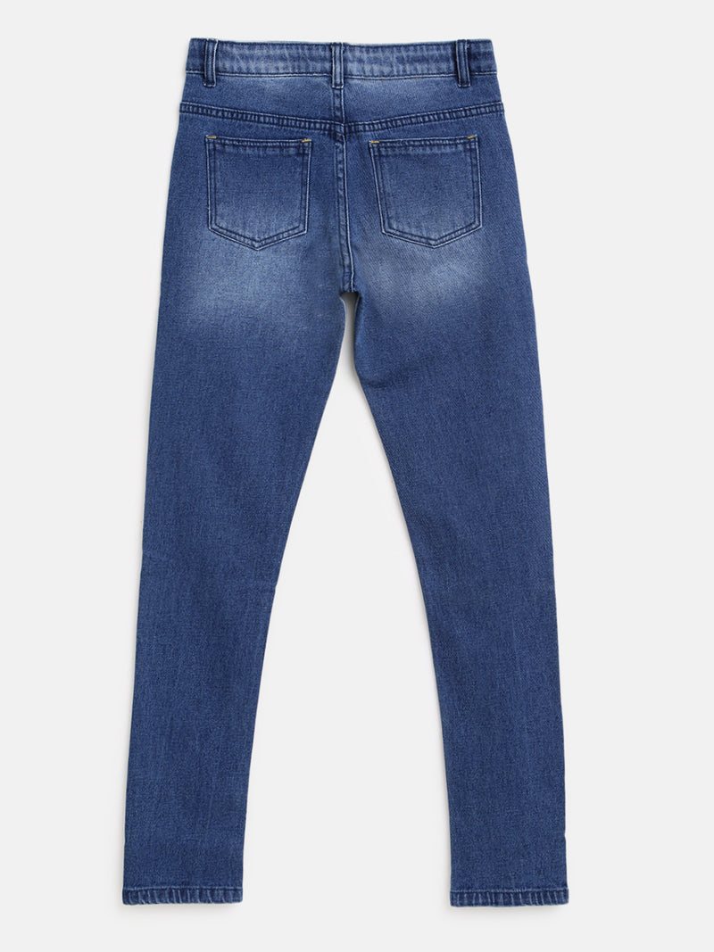 Boys Mid Blue Whisker Slim Fit Stretchable Denim Jeans
