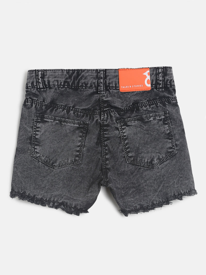 Girls Black Towel Washed Stretchable Casual Shorts