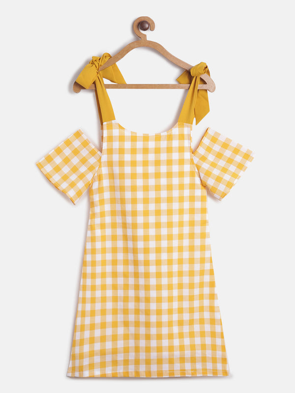 Girls Regular Fit Cold Shoulder Yellow Checks Cotton Dress