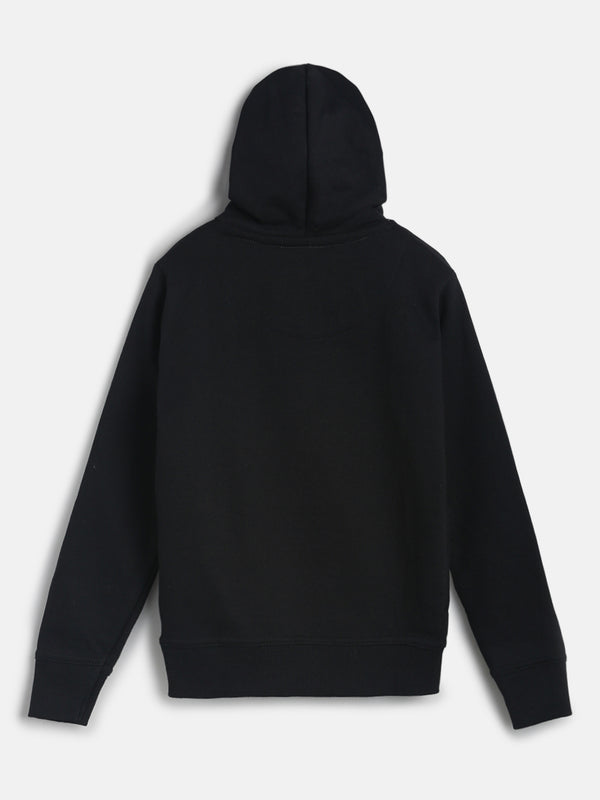 Girls Black Printed Cotton Regular Fit Sweatshirt With Hood