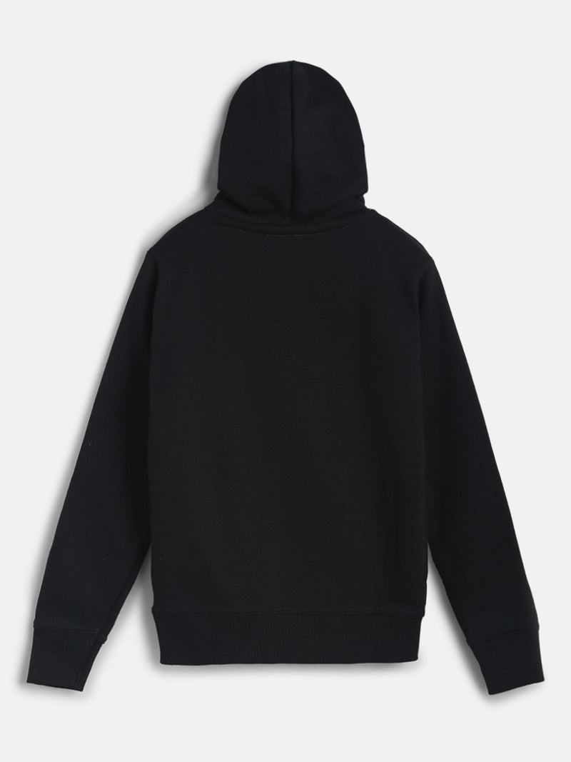 Girls Black Printed Cotton Regular Fit Sweatshirt With Hood