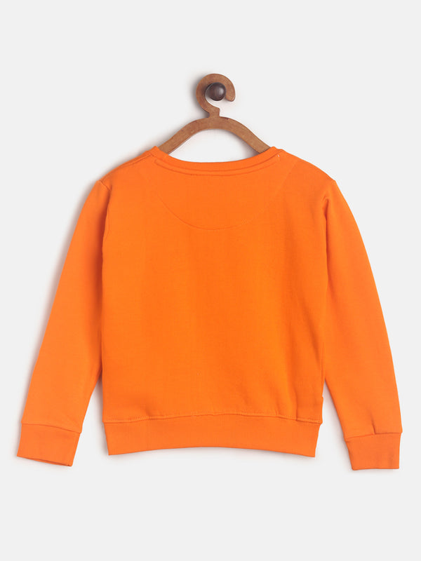 Girls Orange Printed Cotton Sweatshirt