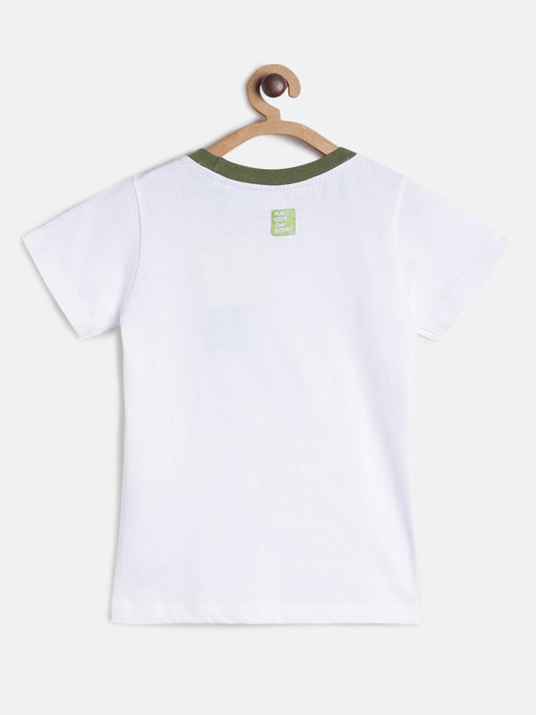 Boys Regular Fit White Printed Cotton T-shirt