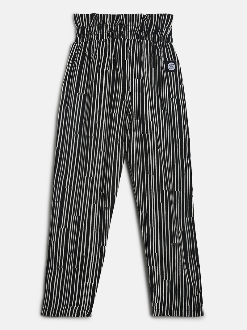 Girls Black Striped Paper Bag Trouser